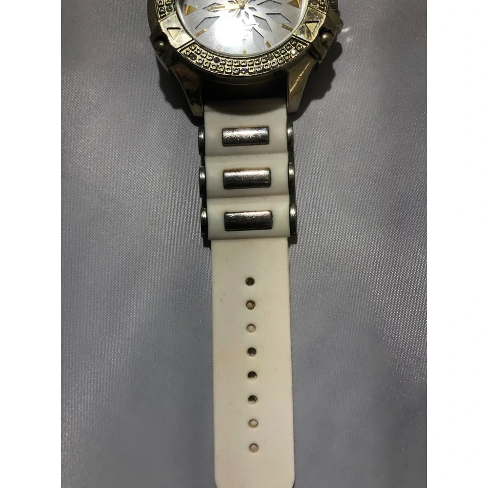 Techno Pave Gold Tone Crystal Bezel White Silicone Strap Watch 8128-7L